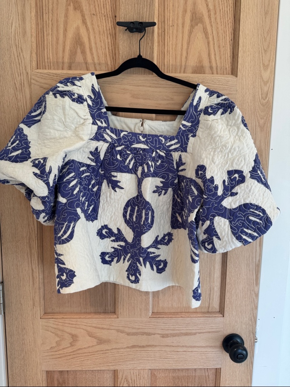 Sea brand Blue and White Square-Neck Puff Sleeve Top